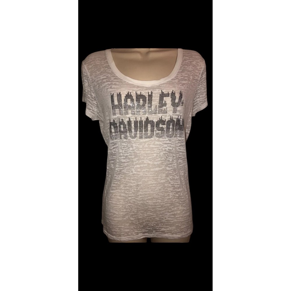 White sheer burnwash‎ studded bling logo Harley Davidson shirt sz Large